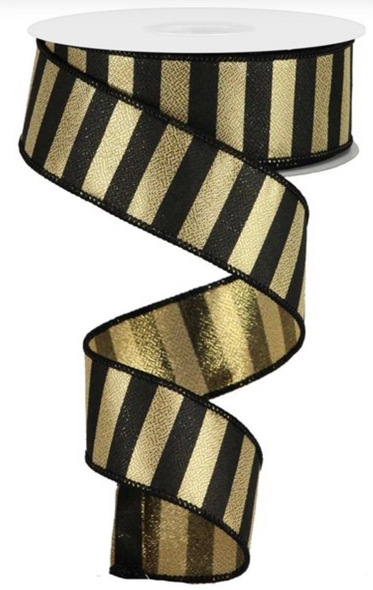 10 Yards - 1.5" Wired Black and Gold Horizontal Stripes Ribbon