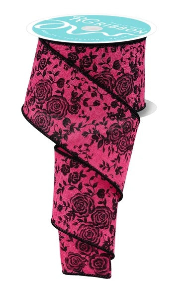 Wired Pink Background Black Mini Roses Ribbon- 2.5”x 10 Yards