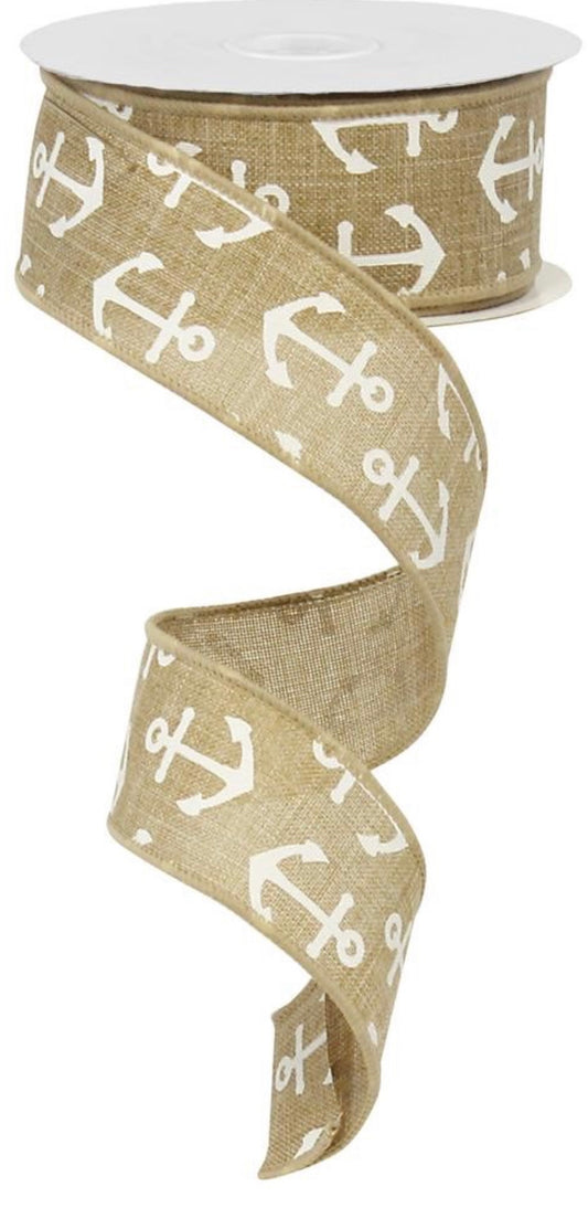 10 Yards - 1.5” Natural with White Anchors Beach Ribbon