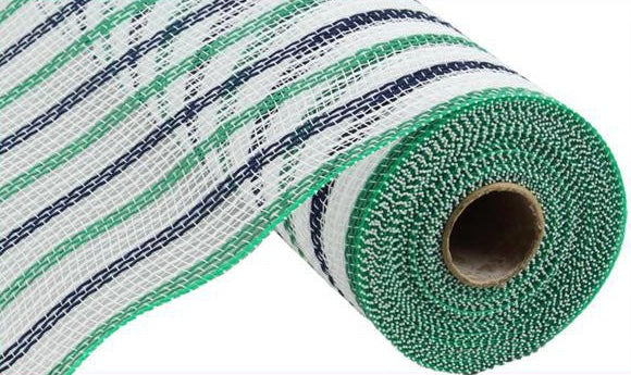 10.5 inch x 10 Yards White, Emerald and Navy Thin Stripe Fabric Mesh