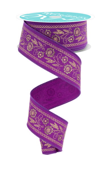 Wired Purple Embroidered Style Floral Ribbon- 1.5”x10 Yards