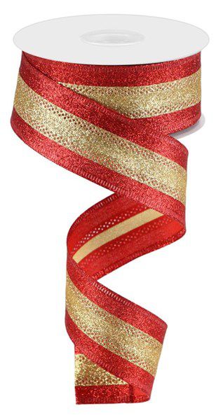 10 Yards - 1.5" Wired Red and Gold Heavy Glitter Ribbon