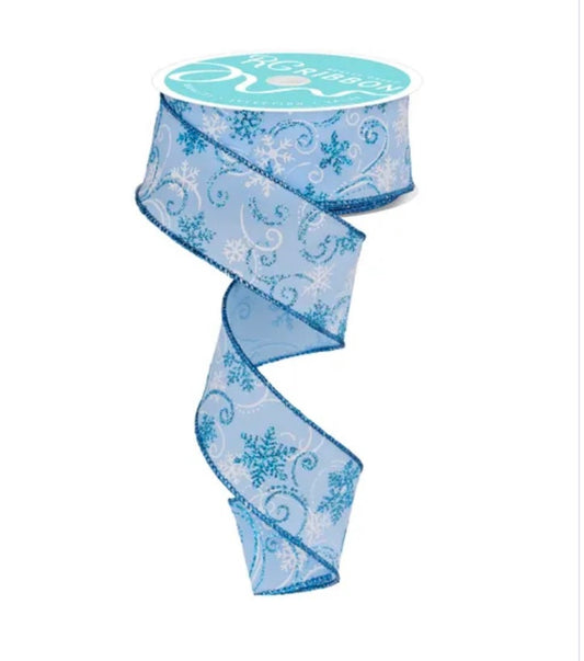 Wired Blue and White Snowflake and Swirls Winter Ribbon