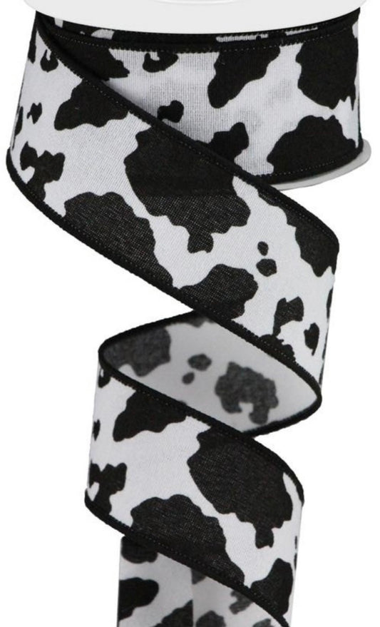 10 Yards - 1.5" Wired Black and White Cow Print Ribbon