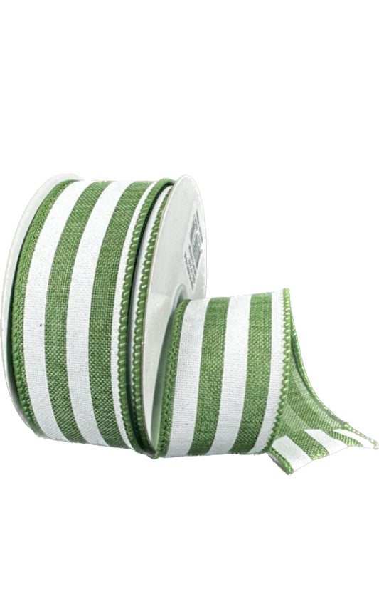 Wired Green Linen White Cabana Stripes Ribbon-1.5”x10 Yards
