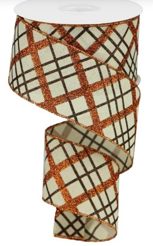 10 Yards - 2.5” Wired Cream, Copper and Brown Fall Cross Plaid Ribbon