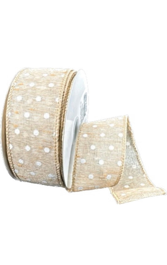 Wired Tan Satin Glitter Line White Dots Ribbon- 1.5”x10 Yards