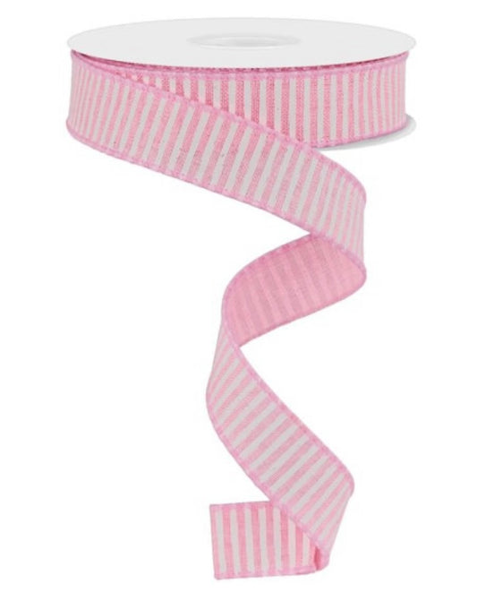 10 Yards - 7/8” Wired Pink and White Horizontal Print Ribbon