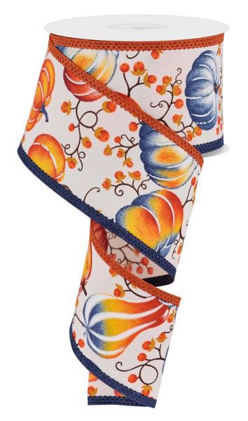 10 Yards - 2.5” Wired Navy Blue and Orange Pumpkin Berry Fall Ribbon
