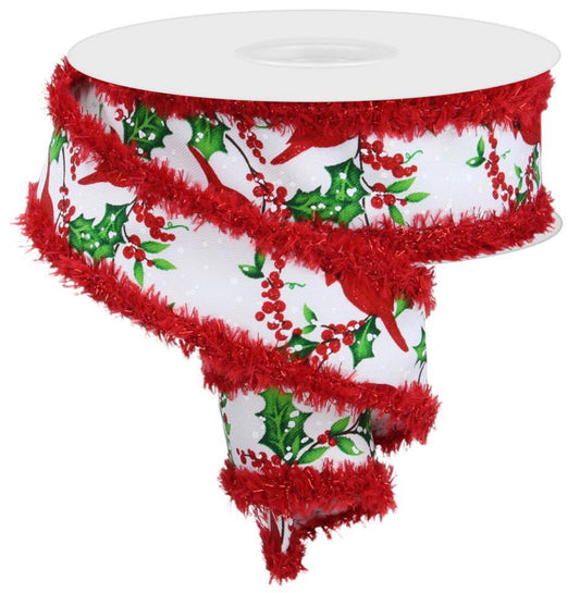 10 Yards - 1.5" Wired White Background Cardinal Holly Berry Christmas Ribbon with Glitter Accent and Red Drift Edge