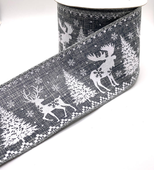 10 Yards - 2.5” Wired Natural Gray and White Deer Trees Ribbon