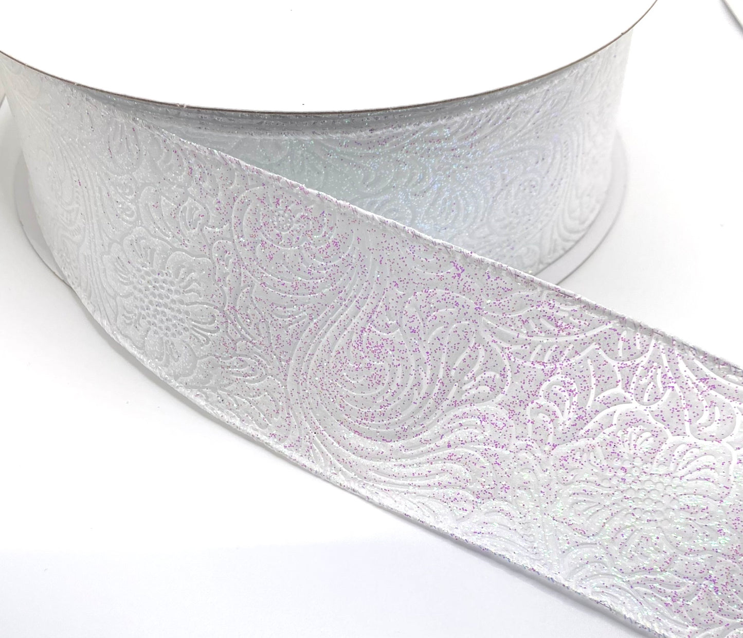 50 Yards - 2.5” Wired White with Pink Glitter Floral Design Embossed Ribbon