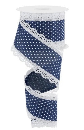 10 Yards - 2.5” Wired Navy and White Swiss Dot Ribbon with Lace Edge