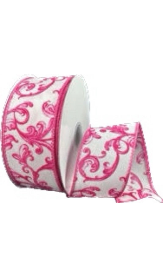 Wired White Satin Pink Chinoiserie Swirls Ribbon- 1.5”x10 Yards