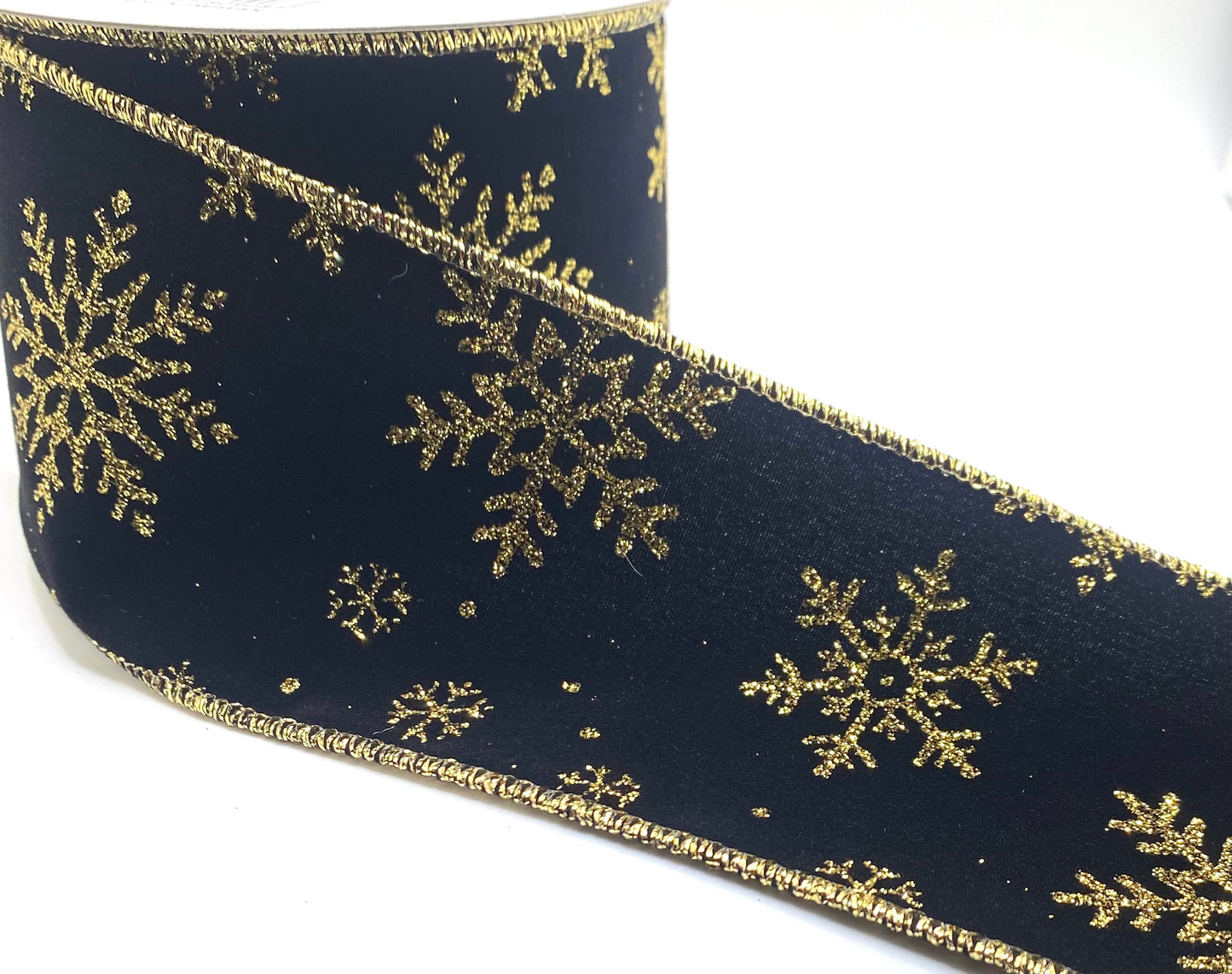 10 Yards - 2.5” Wired Black Velvet Gold Snowflakes Ribbon