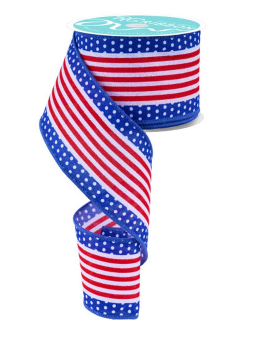 10 Yards - 2.5" Wired Patriotic Red and White Stripes with Polka Dots Ribbon