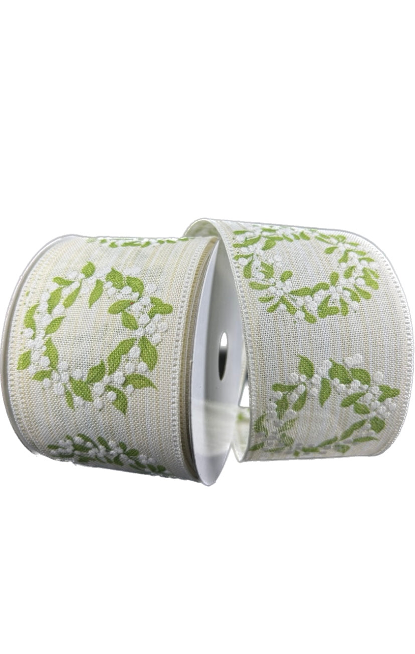 Wired Ivory Linen Moss White Glitter Berry Wreath Ribbon- 2.5”x10 Yards