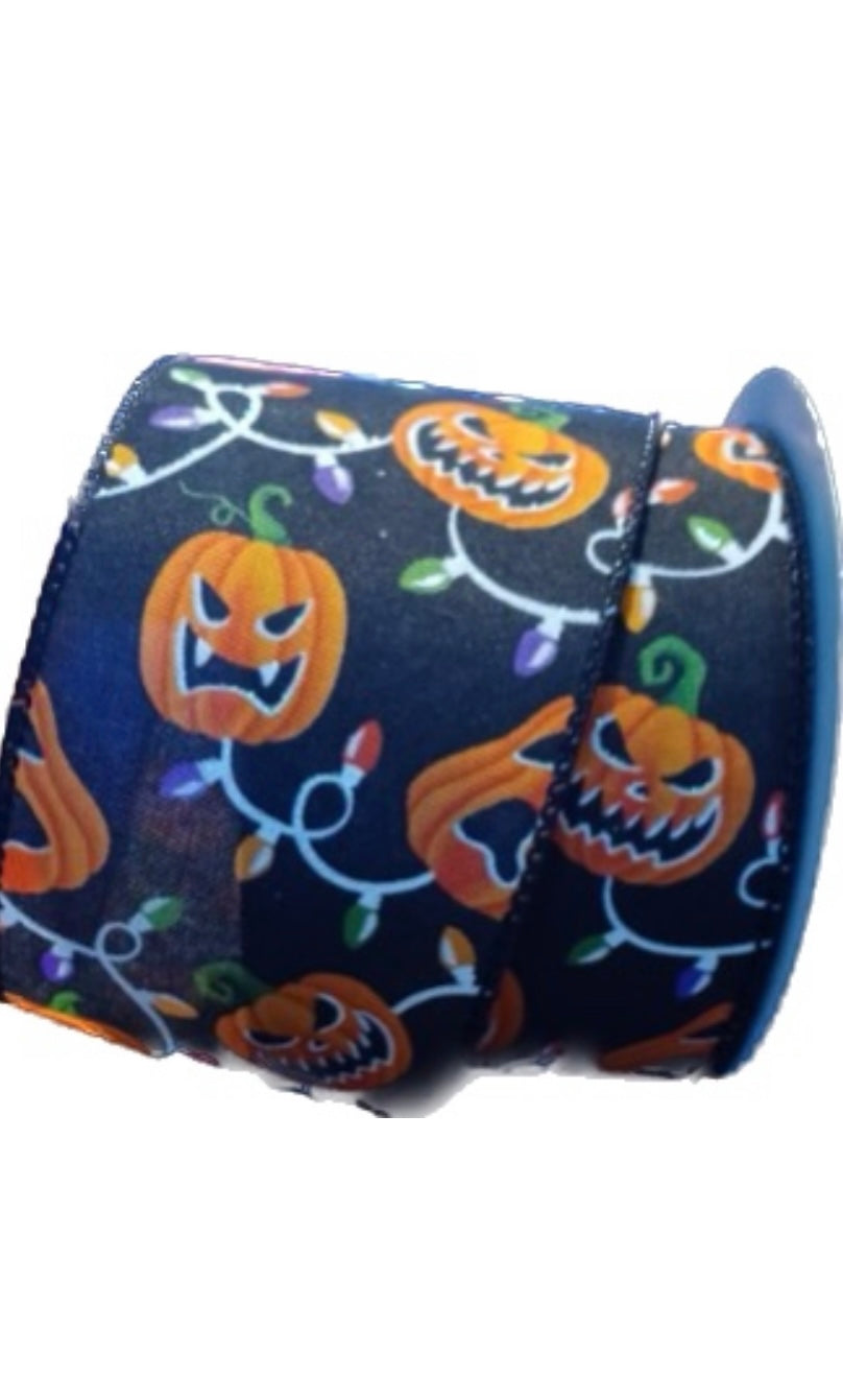 Wired Pumpkin Faces with Lights Ribbon-2.5”x10 Yards