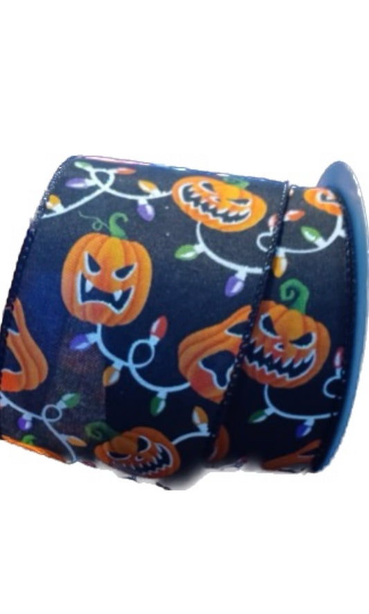 Wired Pumpkin Faces with Lights Ribbon-2.5”x10 Yards
