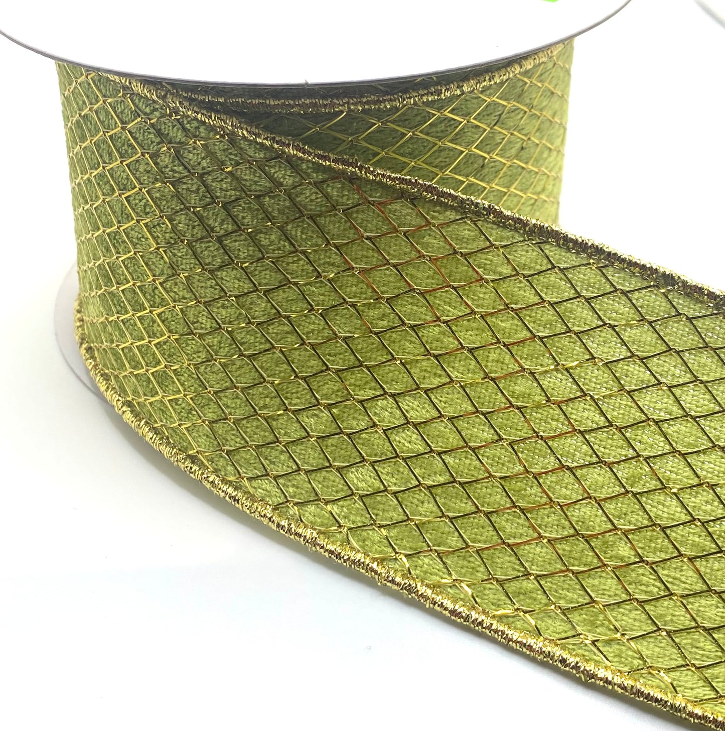 10 Yards - 2.5” Wired Light Moss Velvet Gold Net Overlay Ribbon