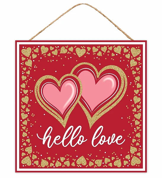 10” Square Double Heart Hello Love Wreath Signs