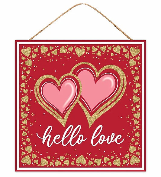 10” Square Double Heart Hello Love Wreath Signs