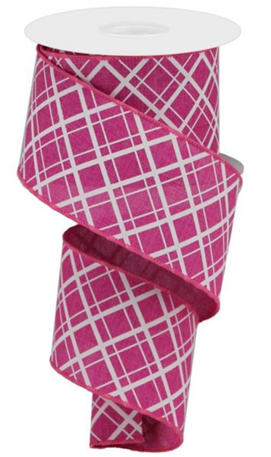 2.5" x 10yd Wired Fuchsia and White Thick/Thin Diagonal Check Ribbon