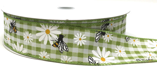 50 Yards - 1.5” Wired Green and White Check Bumblebee Daisy Ribbon