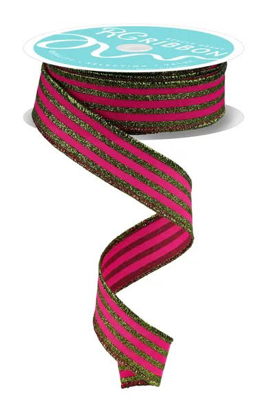 Wired Pink and Lime Vertical Stripe Glitter Accent Ribbon- 7/8”x10 Yards