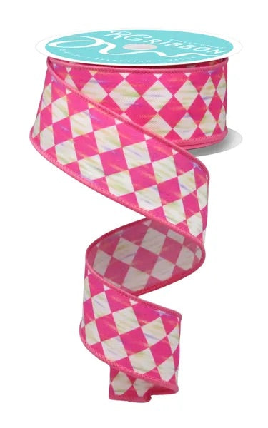 Wired Pink and White Antique Diamonds Ribbon- 1.5”x10 Yards