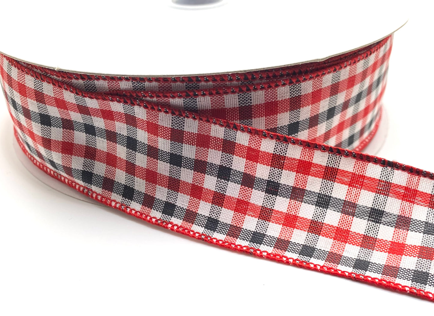 50 Yards - 1.5” Wired Red Black and White Woven Mini Check Ribbon