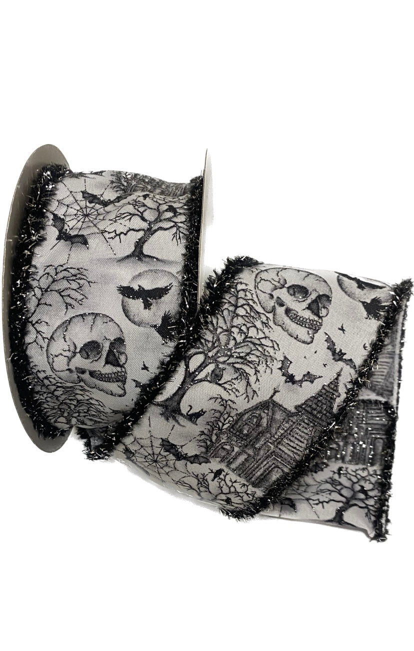 Wired Skulls, Haunted Houses, and Bats Tinsel Edge Halloween Ribbon-2.5”x 10 Yards