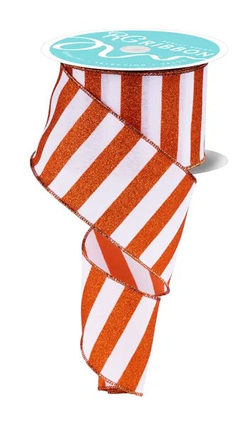 Wired Orange and White Horizontal Stripes Ribbon- 2.5”x 10 Yards