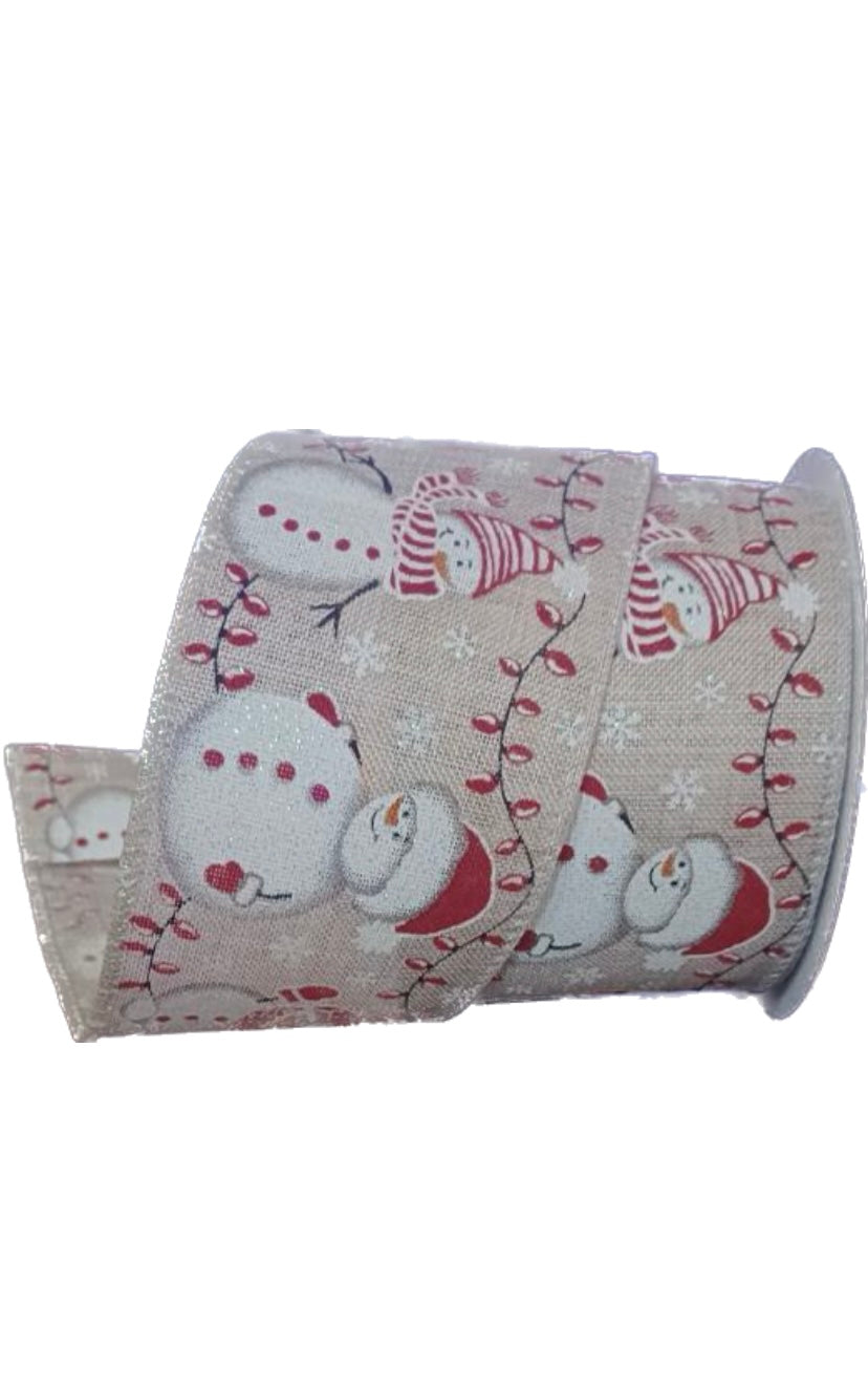 Wired Snowman with Lights on Natural Ribbon-2.5”x10 Yards