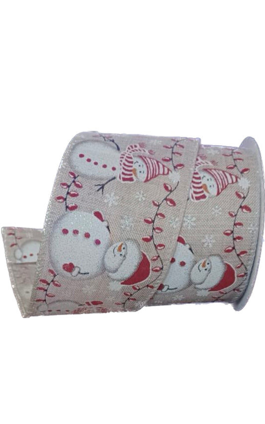Wired Snowman with Lights on Natural Ribbon-2.5”x10 Yards