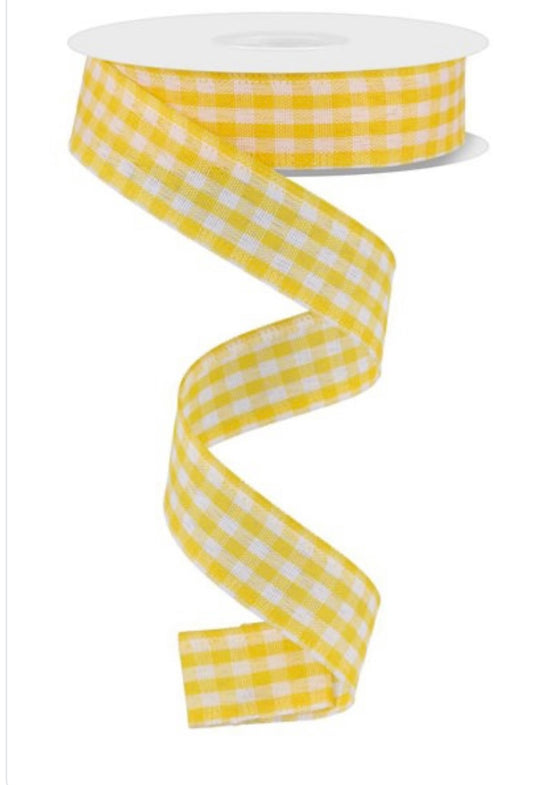 7/8”x 10 Yards Wired Yellow and White Gingham Ribbon