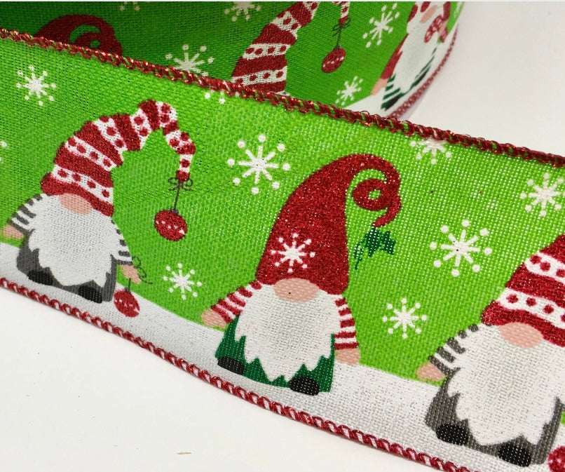 10 Yards - 2.5" Wired Lime Background Christmas Gnome Ribbon