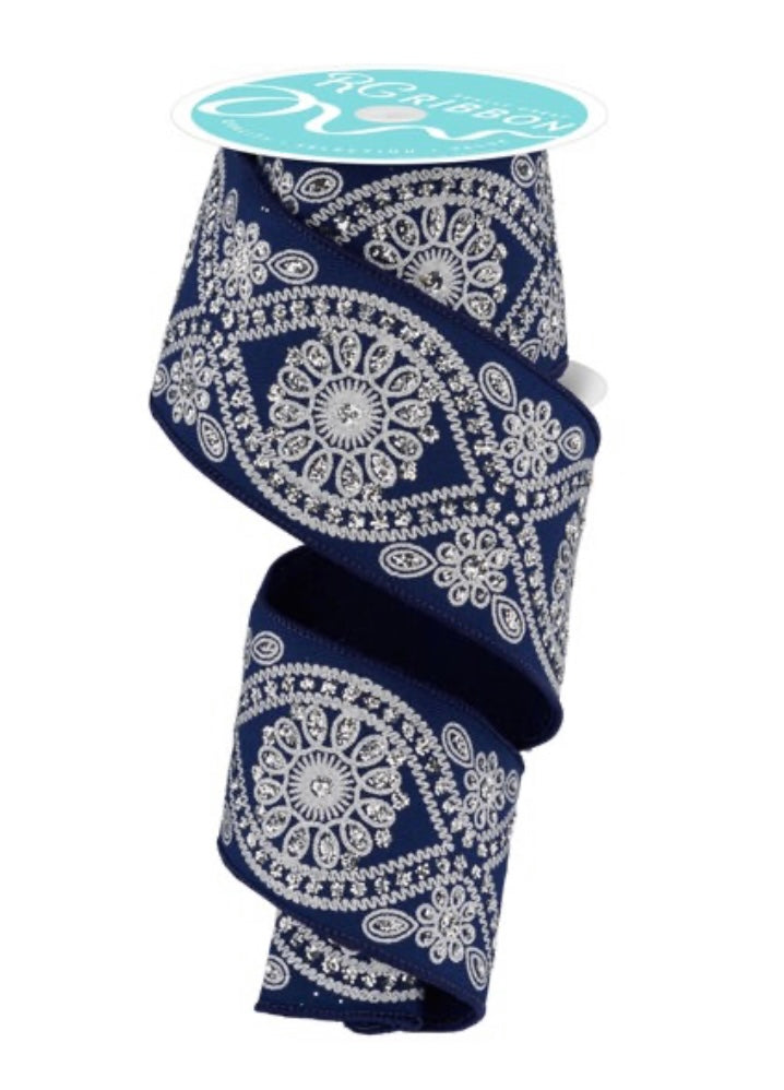 10 Yards - 2.5” Wired Navy Blue and Silver Deluxe Wavy Floral Ribbon