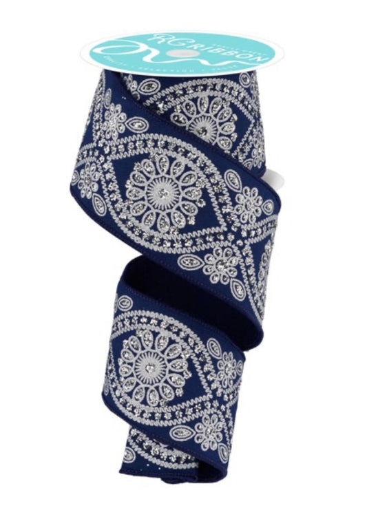 10 Yards - 2.5” Wired Navy Blue and Silver Deluxe Wavy Floral Ribbon