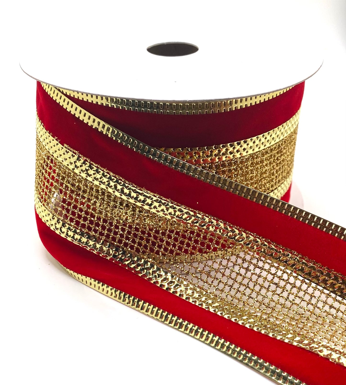 2.5” x 10yd Wired Gold Glitter Net with Gold Metallic Red Velvet Edge Ribbon