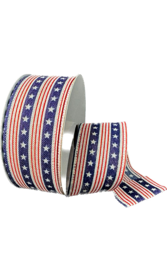Wired Patriotic Red, Natural, and Navy Blue Stars and Stripes Ribbon-1.5”x10 Yards