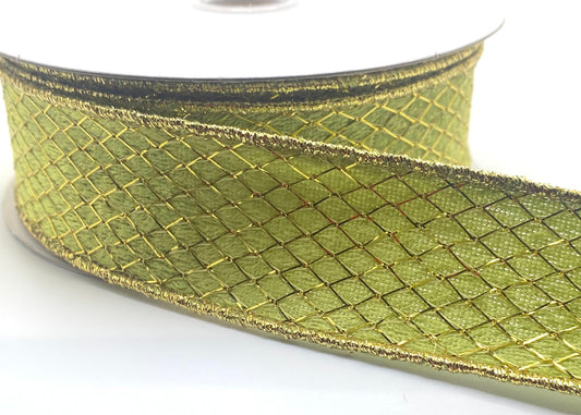 10 Yards - 1.5” Wired Light Moss Velvet Gold Net Overlay Ribbon