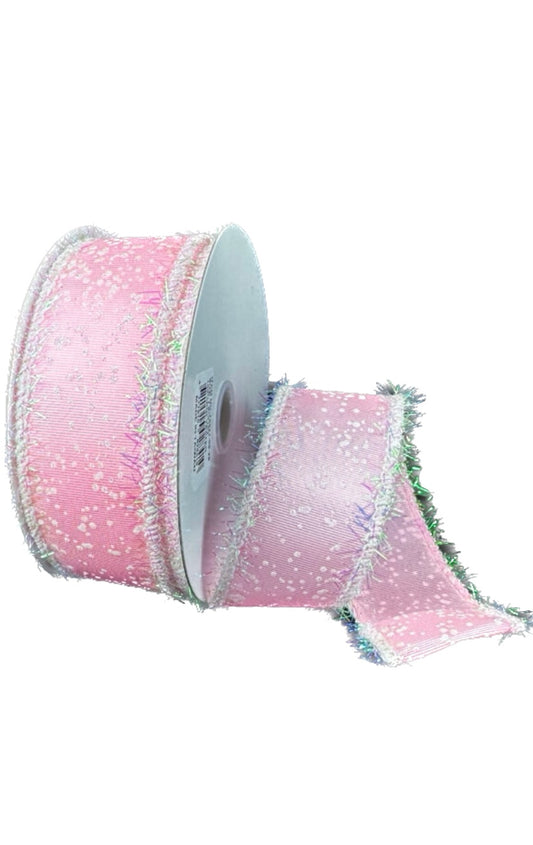 Wired Pink Ribbed Satin White/Irid Splatter Tinsel Edge Ribbon- 1.5”x10 Yards