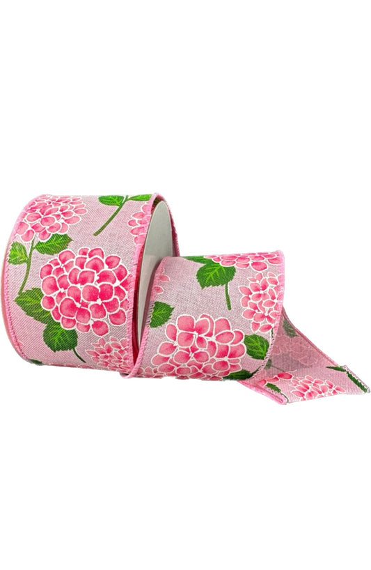 10 Yards - 2.5 Wired Light Pink Linen with Hydrangeas Ribbon