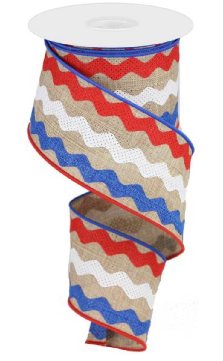 10 yards - 2.5" Wired Natural Burlap with Red, White, Blue Ric Rac Ribbon