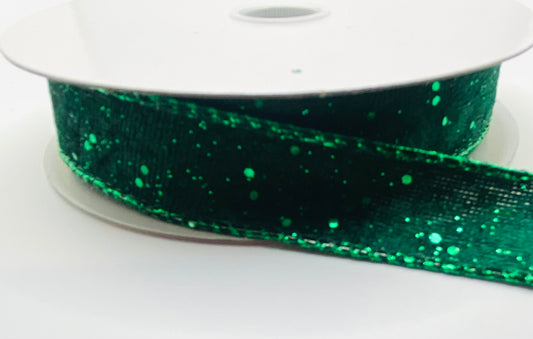 10 Yards - 7/8” Wired Emerald Green Glitter Lush Velvet Ribbon