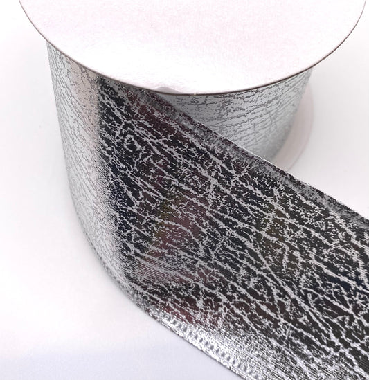 10 Yards - 2.5” Wired Silver Crackle Ribbon