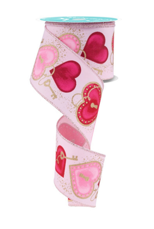 10 Yards - 2.5" Wired Pink Background Valentines Day Heart Locks and Keys Ribbon