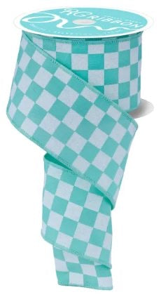 Wired  Mint Green and White Print Glitter Check Ribbon- 2.5”x10 Yards