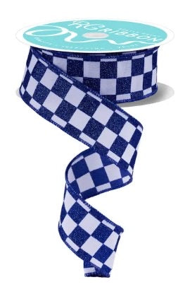 Wired White and Blue Print Glitter Check Ribbon- 1.5”x10 Yards
